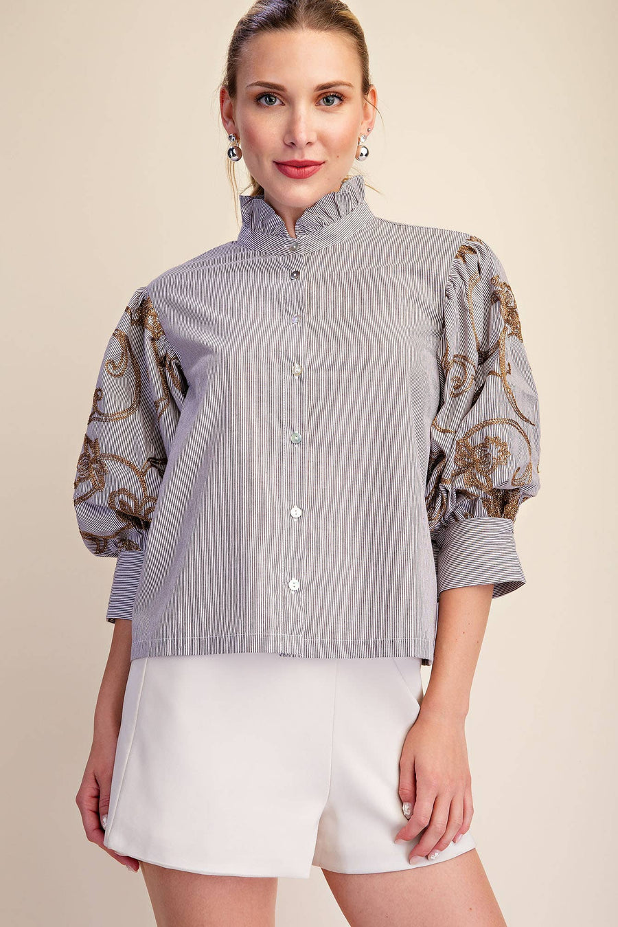 Striped Statement Sleeve Button-Front Blouse