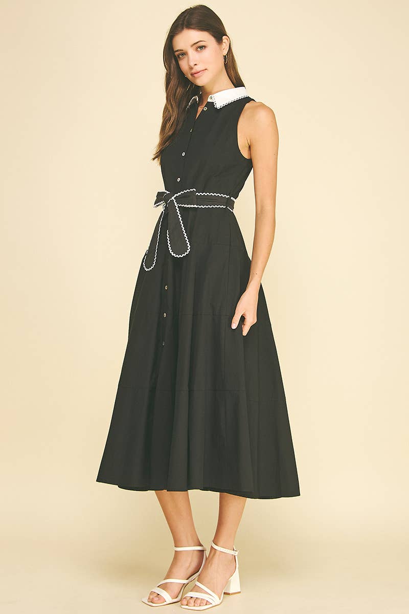 Black & White Tie Waist Midi Dress