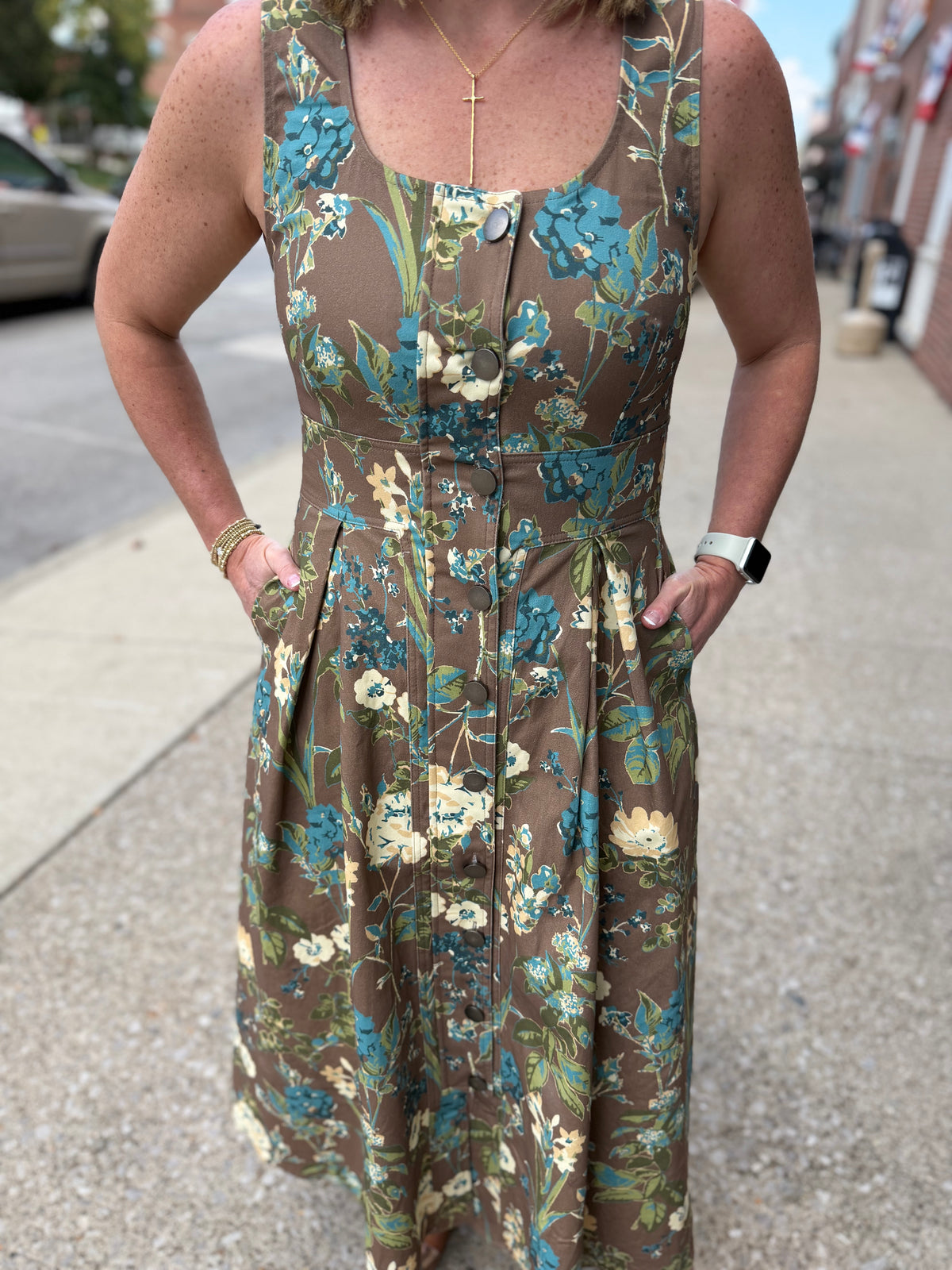 Mocha Vintage Floral Button-Front Midi Dress
