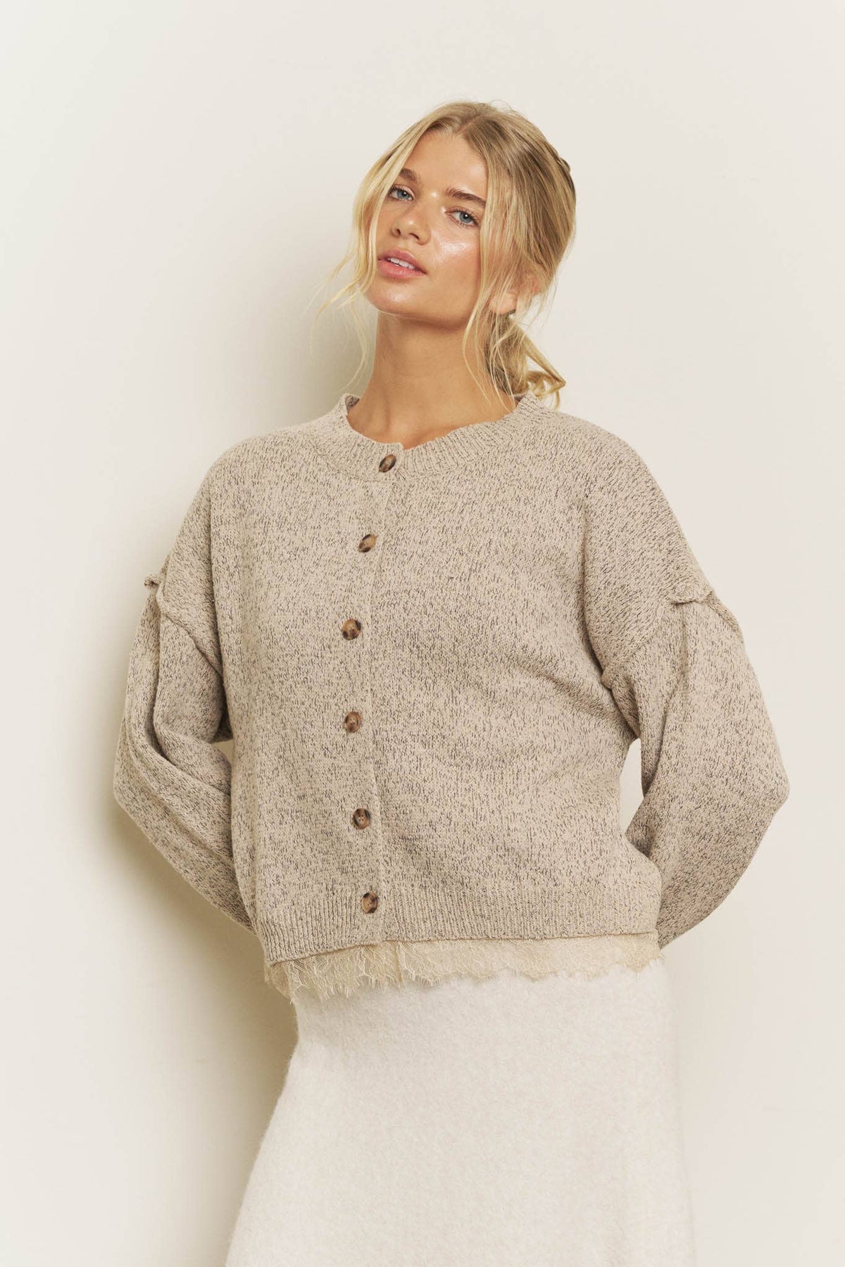 Lace Hem Button-Front Cardigan – Oatmeal