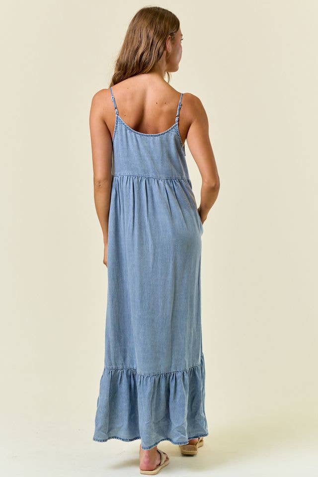 Light Wash Chambray Tiered Maxi Dress