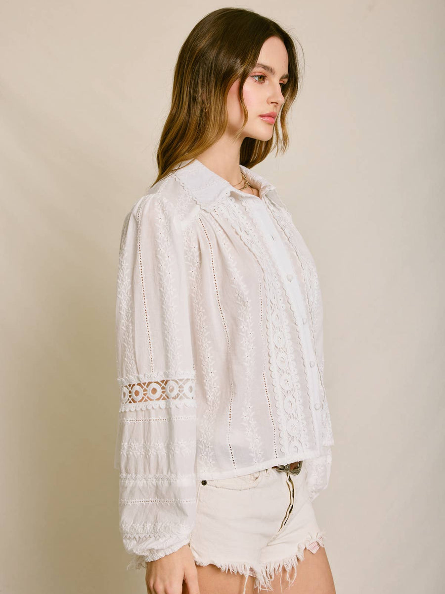 Ivory Lace Detail Boho Button Front Blouse