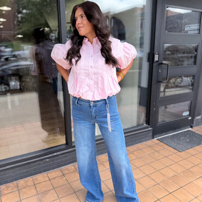 Risen Medium Wash Crossover Waist Wide Leg Jeans