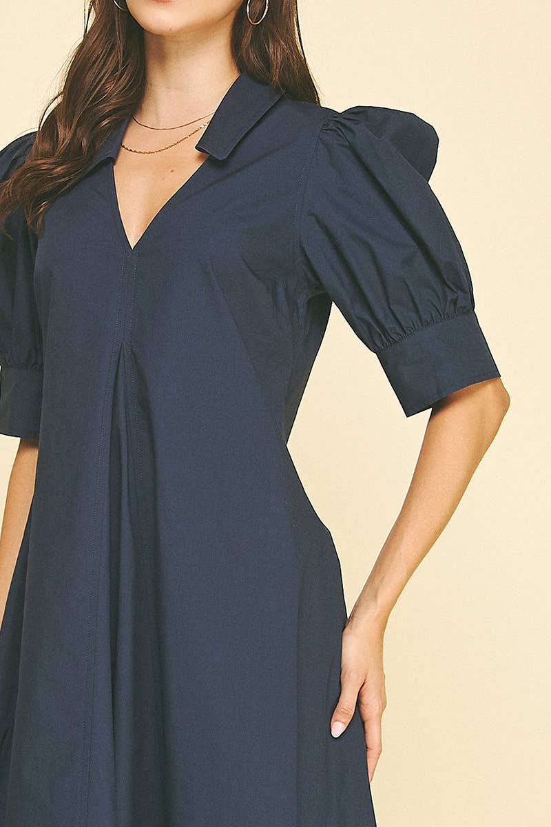 Midnight Navy Balloon Sleeve Collared Midi Dress