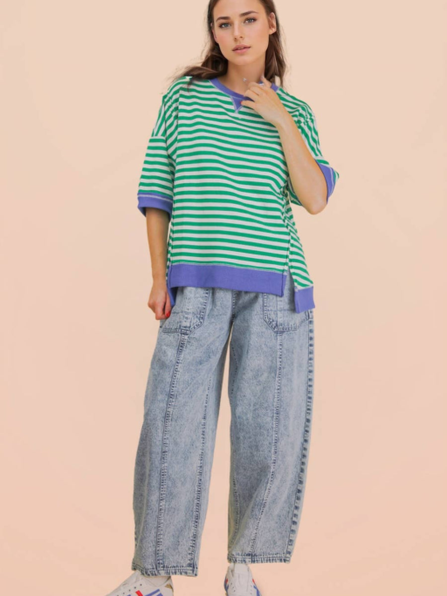 Kelly Green & Royal Blue Striped Relaxed Sweatshirt Top