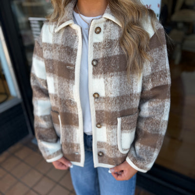Tan, White & Brown Plaid Button-Up Jacket