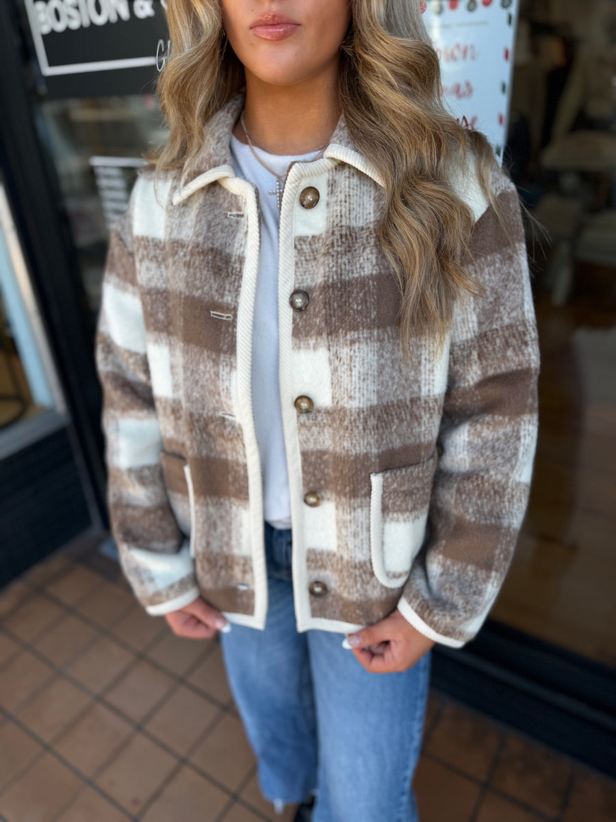 Tan, White & Brown Plaid Button-Up Jacket