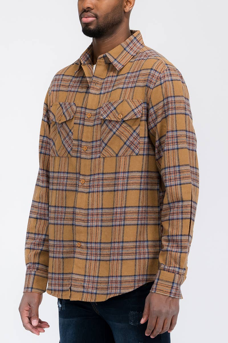 Men's Camel & Navy Plaid Button-Down Flannel Shirt
