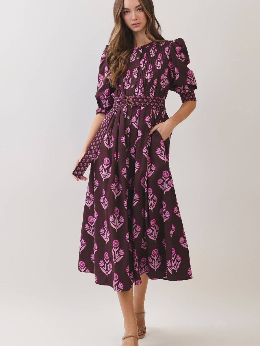 Plum Floral Belted Midi Dress