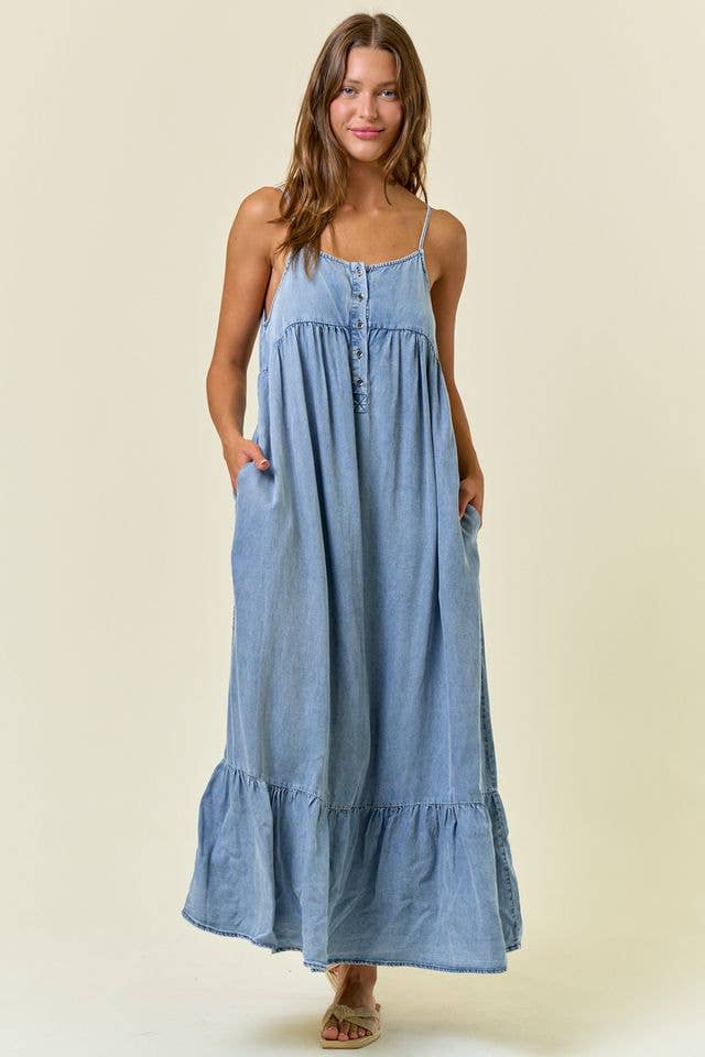 Light Wash Chambray Tiered Maxi Dress