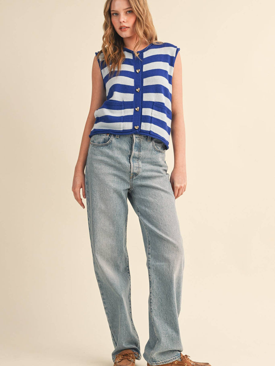 Blue & White Striped Knit Sweater Vest