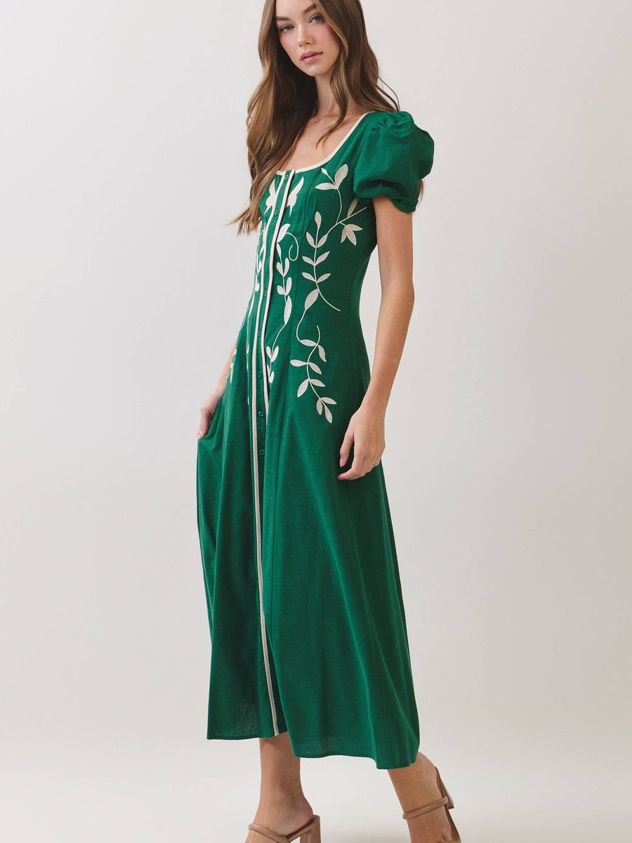 Emerald Green Embroidered Maxi Dress