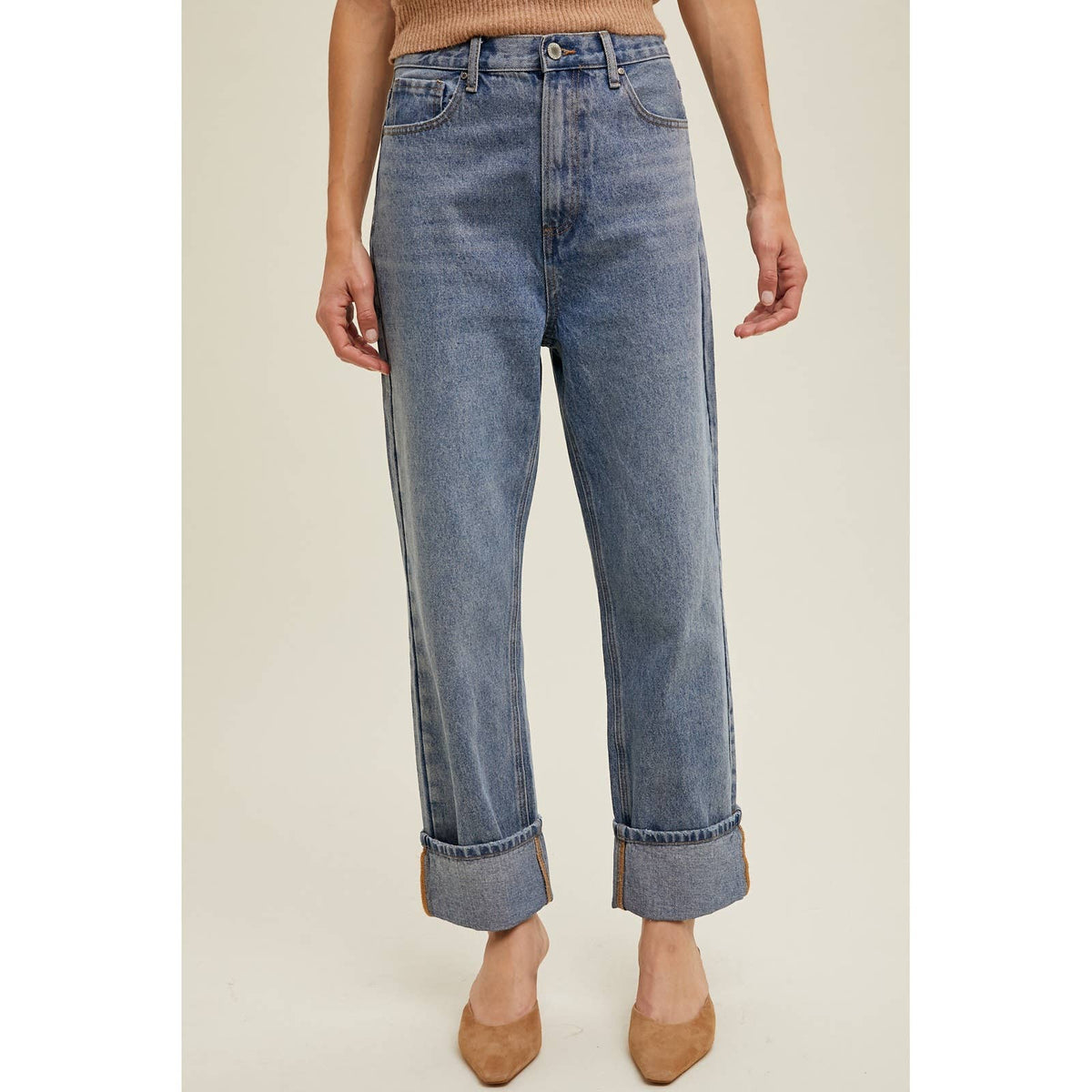 High-Rise Cuffed Wide Leg Jeans