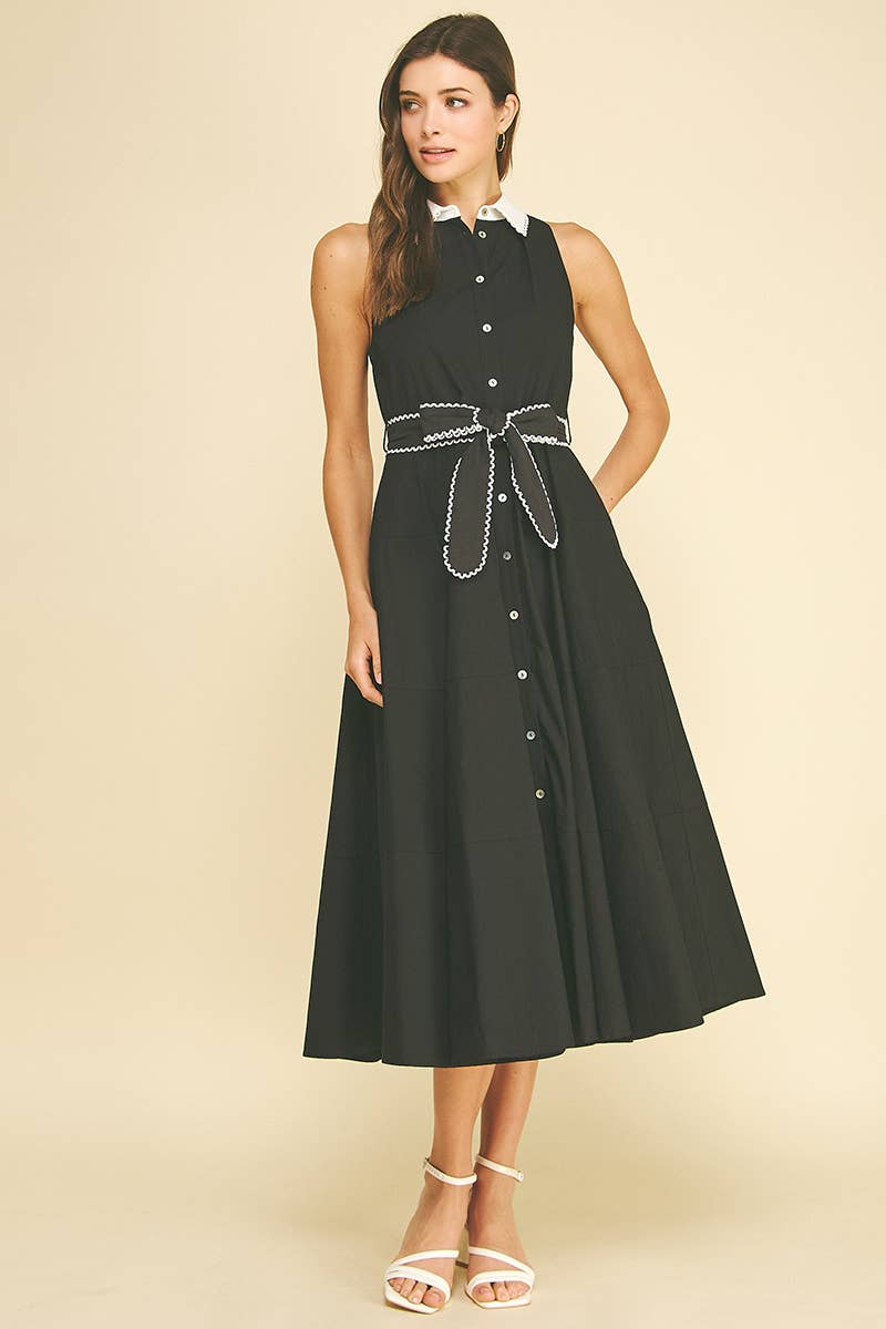 Black & White Tie Waist Midi Dress