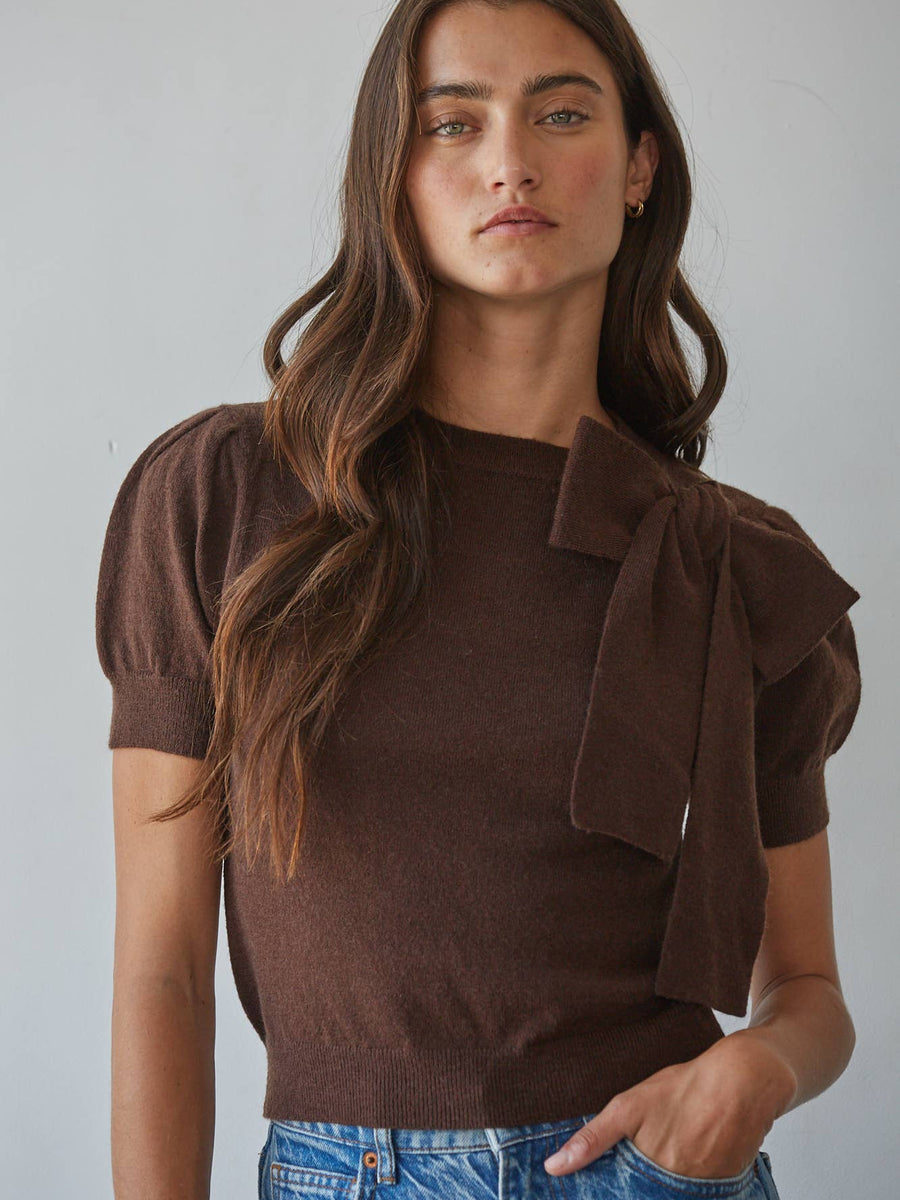 Chocolate Bow Detail Short Sleeve Sweater