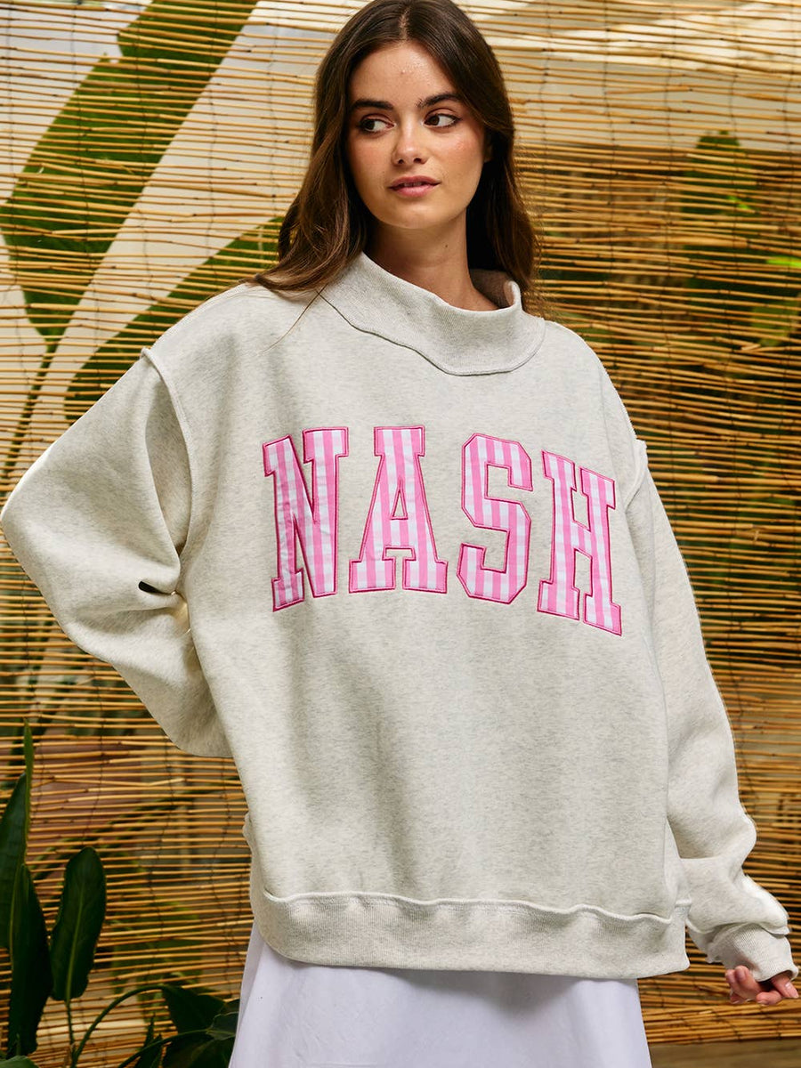 Pink Gingham NASH Oversized Mock Neck Sweatshirt