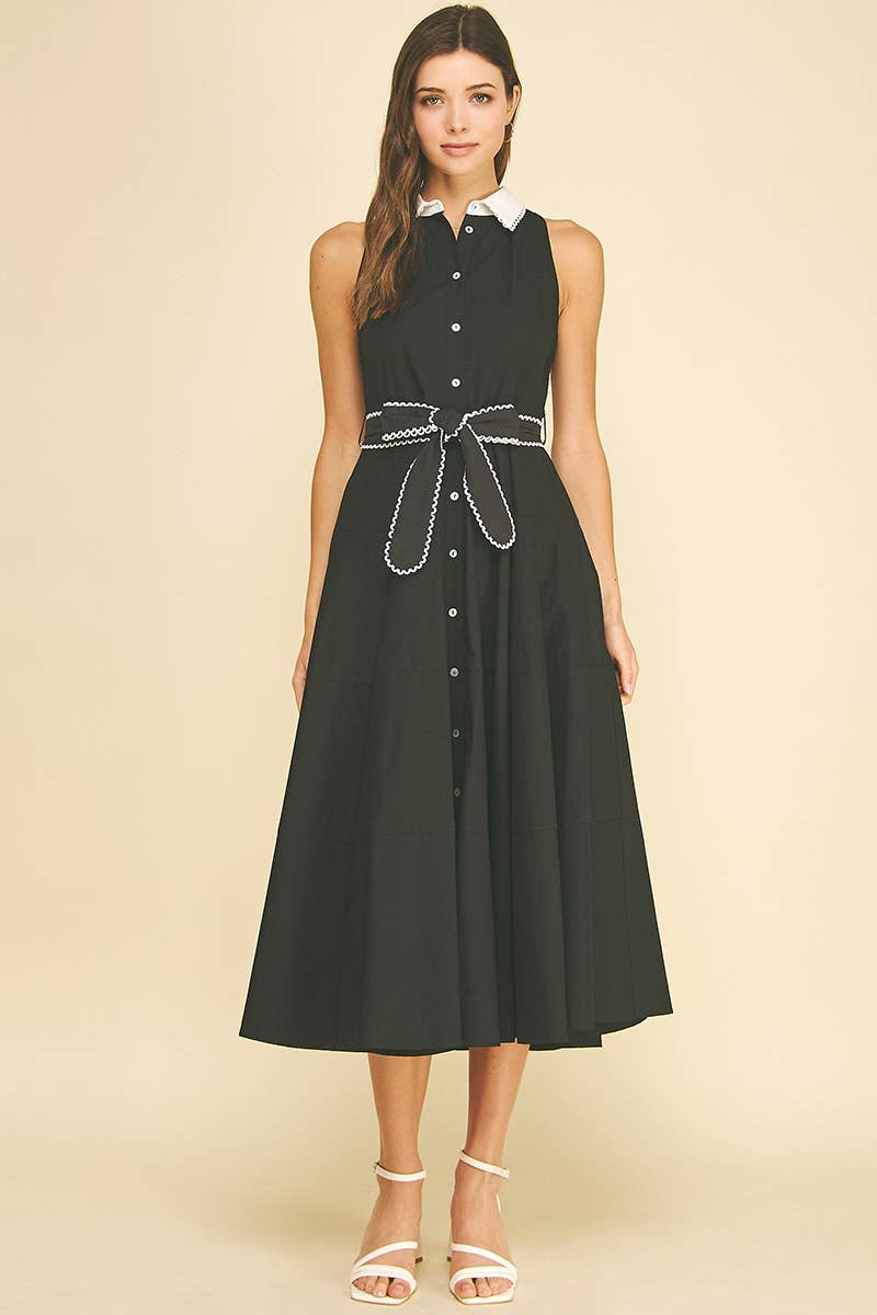 Black & White Tie Waist Midi Dress