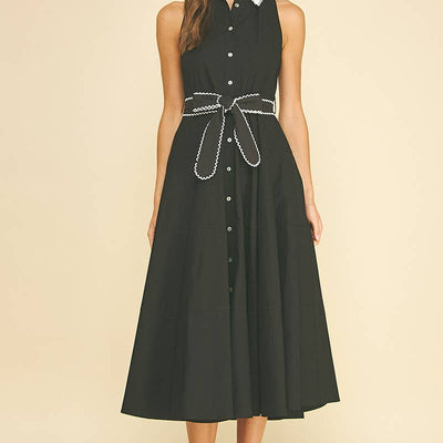 Black & White Tie Waist Midi Dress