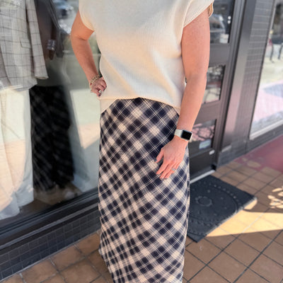 Navy & Cream Plaid Maxi Skirt