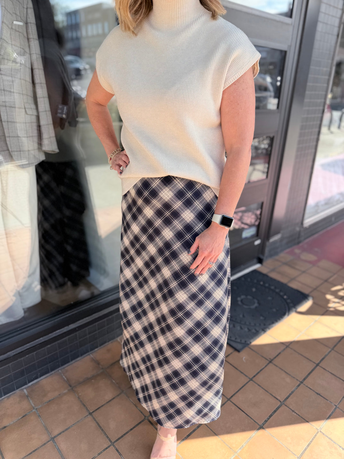 Navy & Cream Plaid Maxi Skirt
