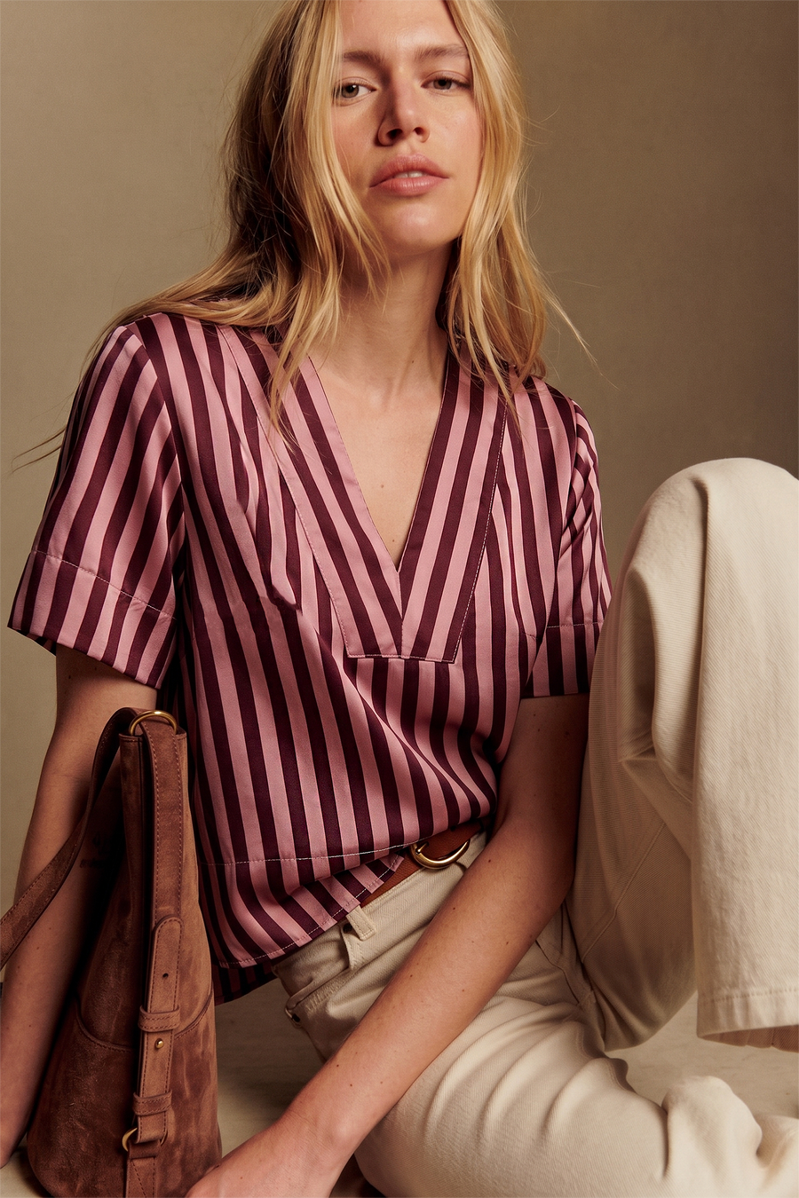 Burgundy & Pink Striped V-Neck Top