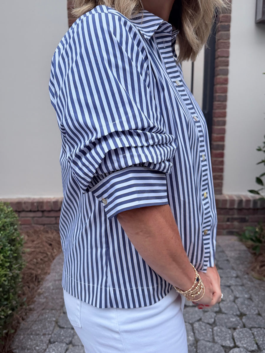Classic Blue & White Striped Button Front Blouse