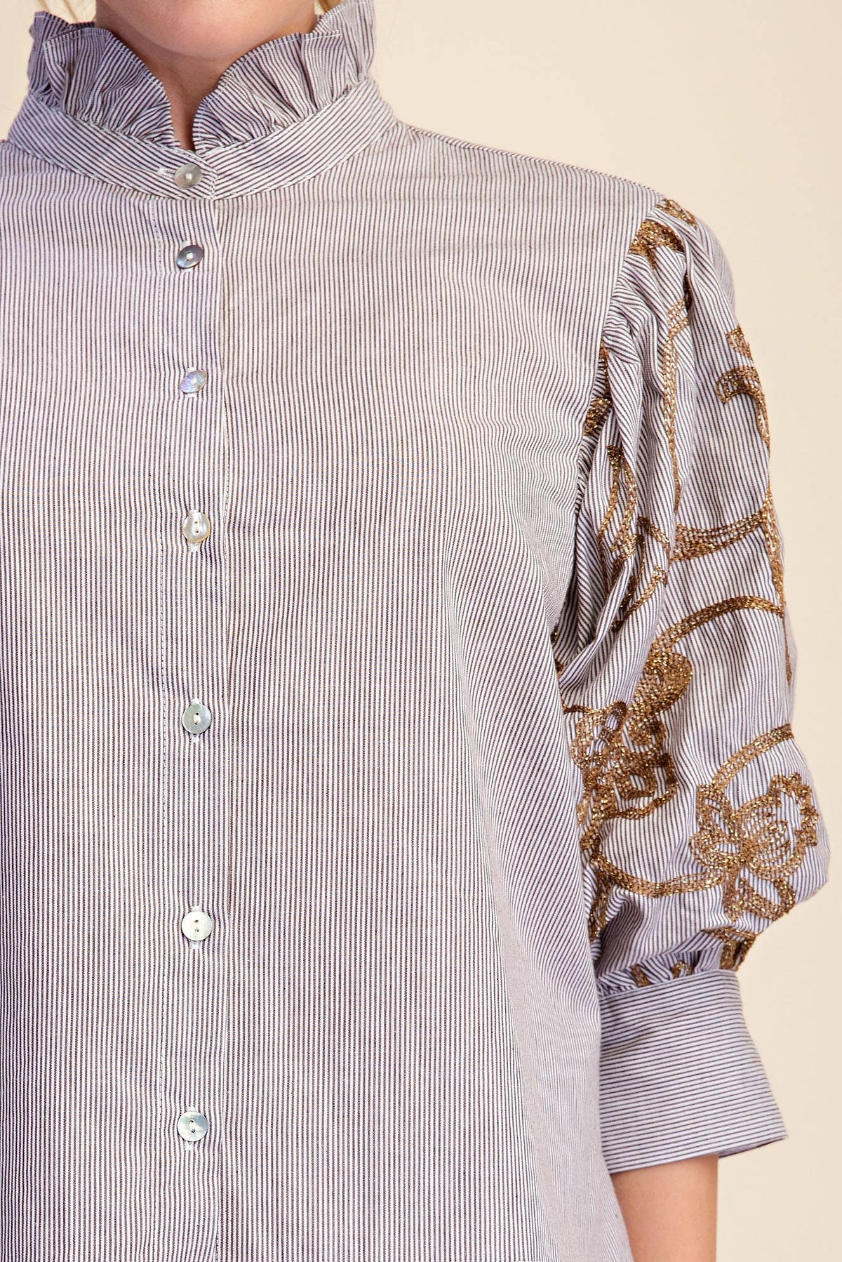 Striped Statement Sleeve Button-Front Blouse