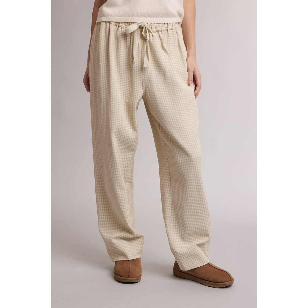 Neutral Plaid Drawstring Wide Leg Pants