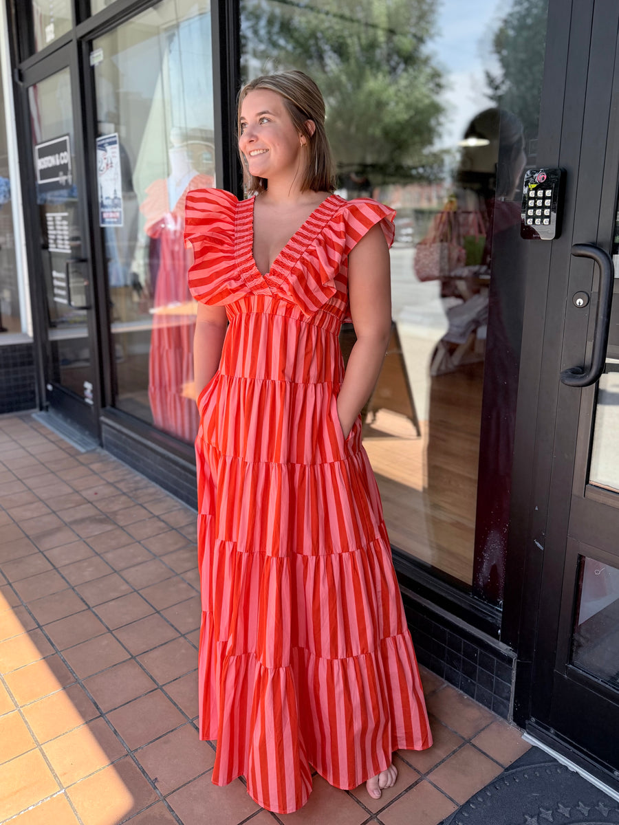 Coral & Pink Stripe Flutter Sleeve Tiered Maxi Dress