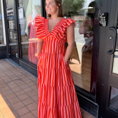 Coral & Pink Stripe Flutter Sleeve Tiered Maxi Dress