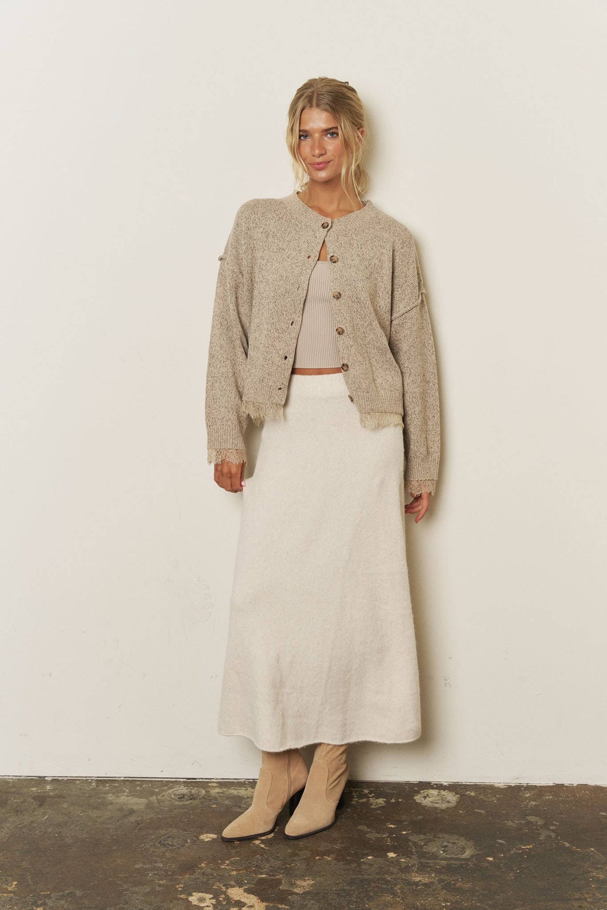 Lace Hem Button-Front Cardigan – Oatmeal