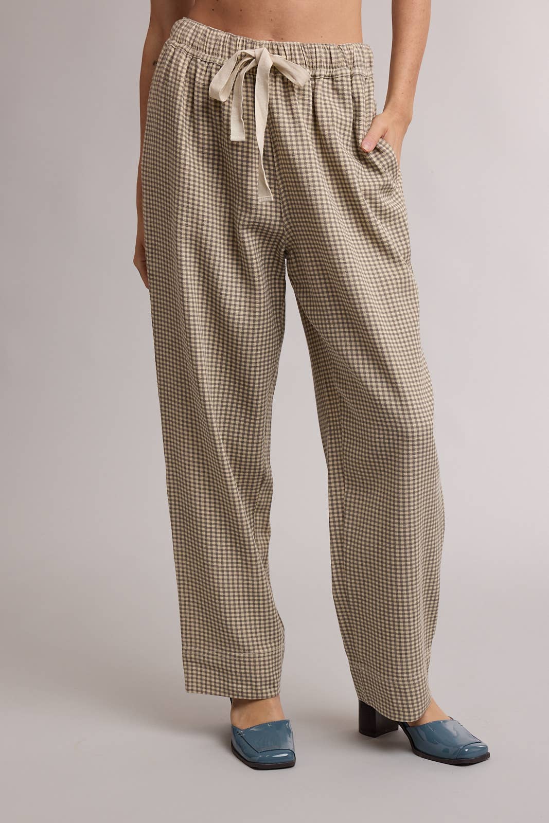 Neutral Plaid Drawstring Wide Leg Pants
