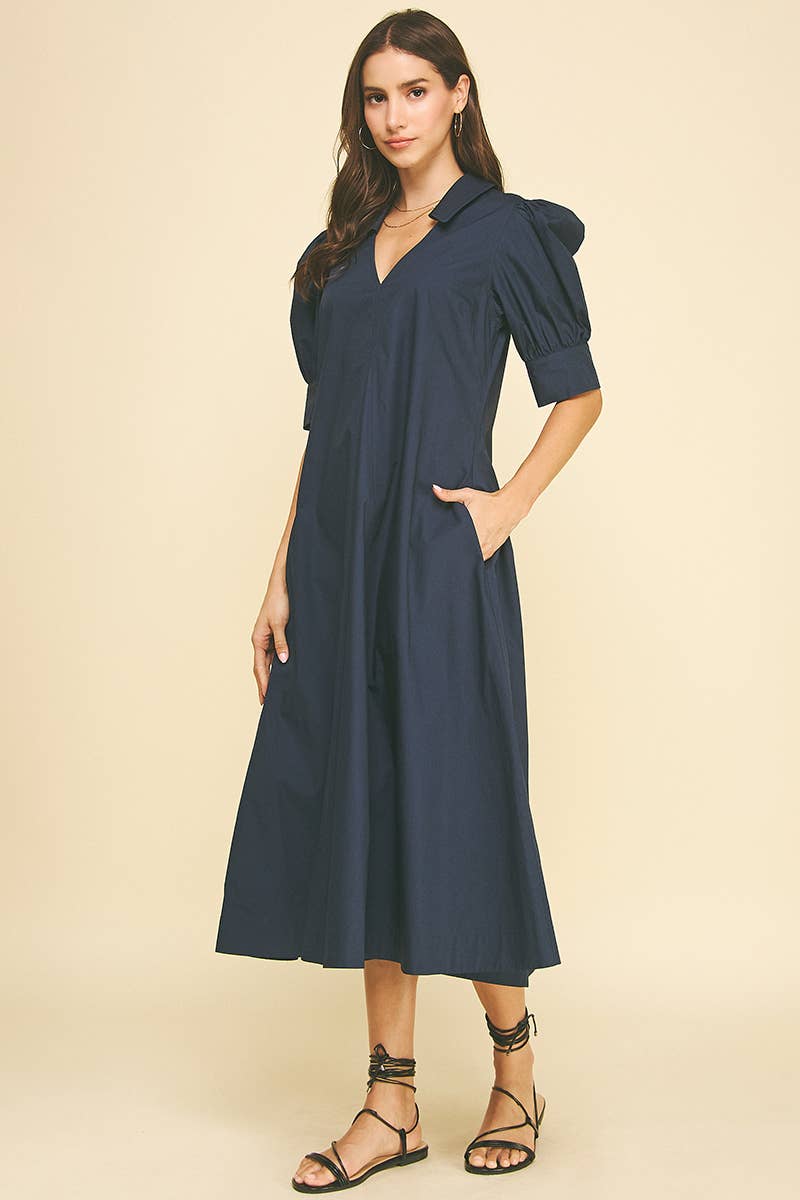 Midnight Navy Balloon Sleeve Collared Midi Dress