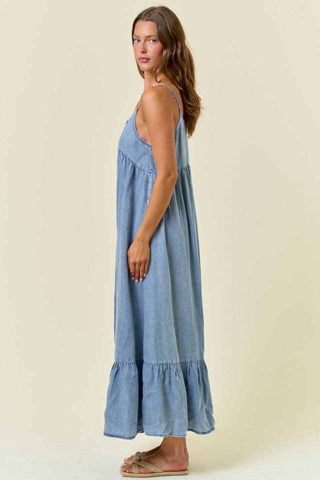 Light Wash Chambray Tiered Maxi Dress