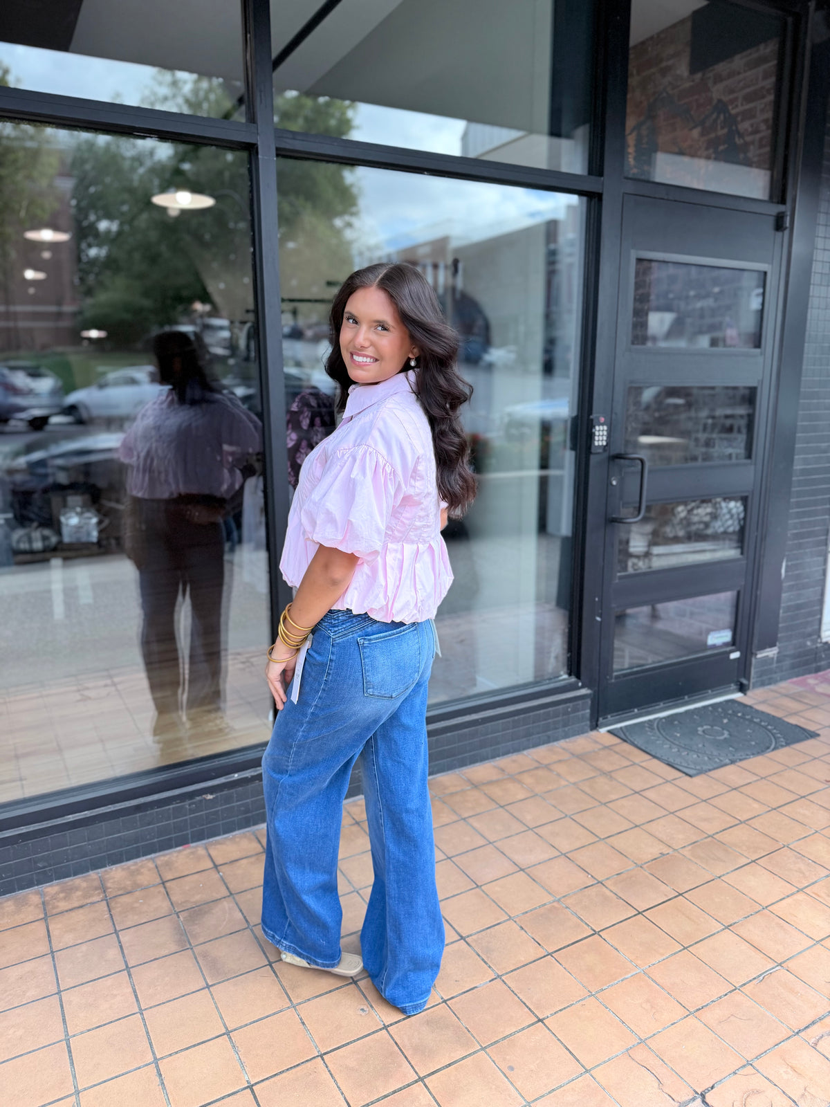 Pink Puff Sleeve Bubble Hem Blouse