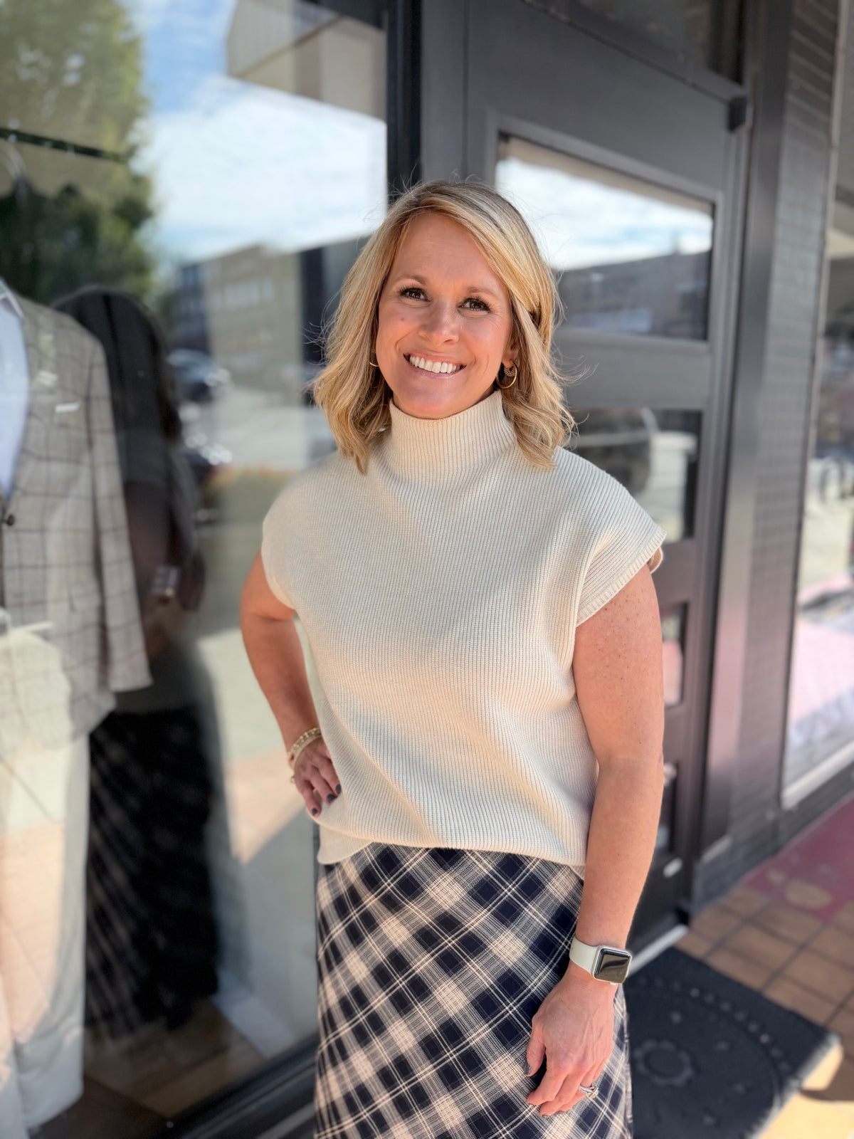 Navy & Cream Plaid Maxi Skirt