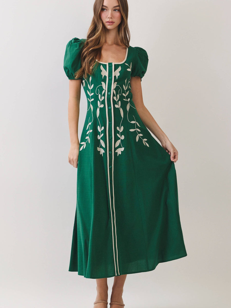 Emerald Green Embroidered Maxi Dress
