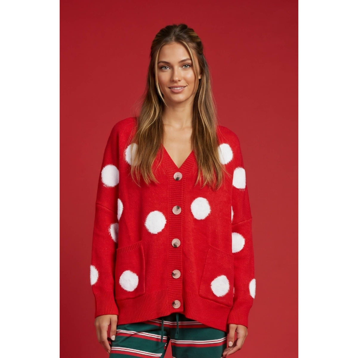 Festive Polka Dot Cardigan – Red & White