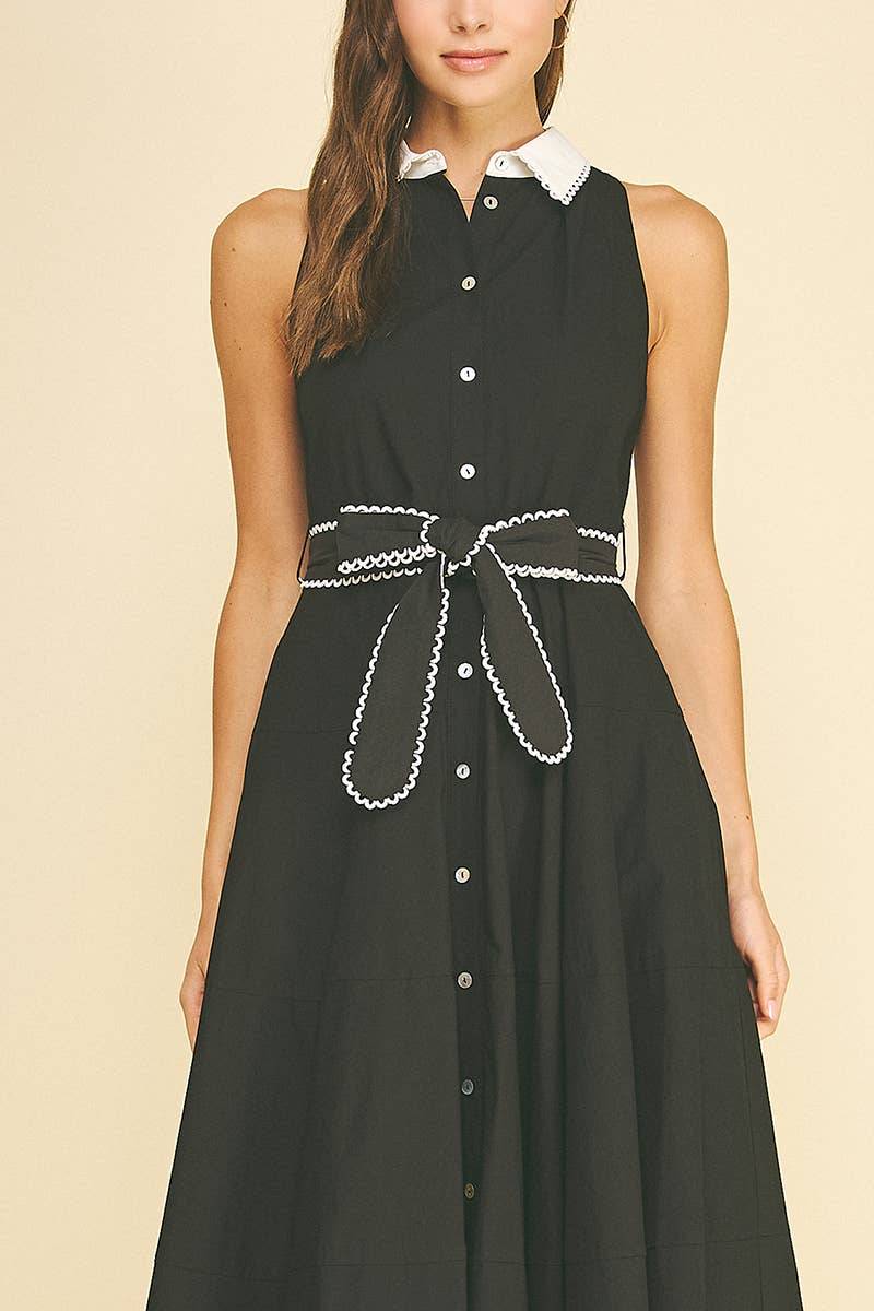 Black & White Tie Waist Midi Dress