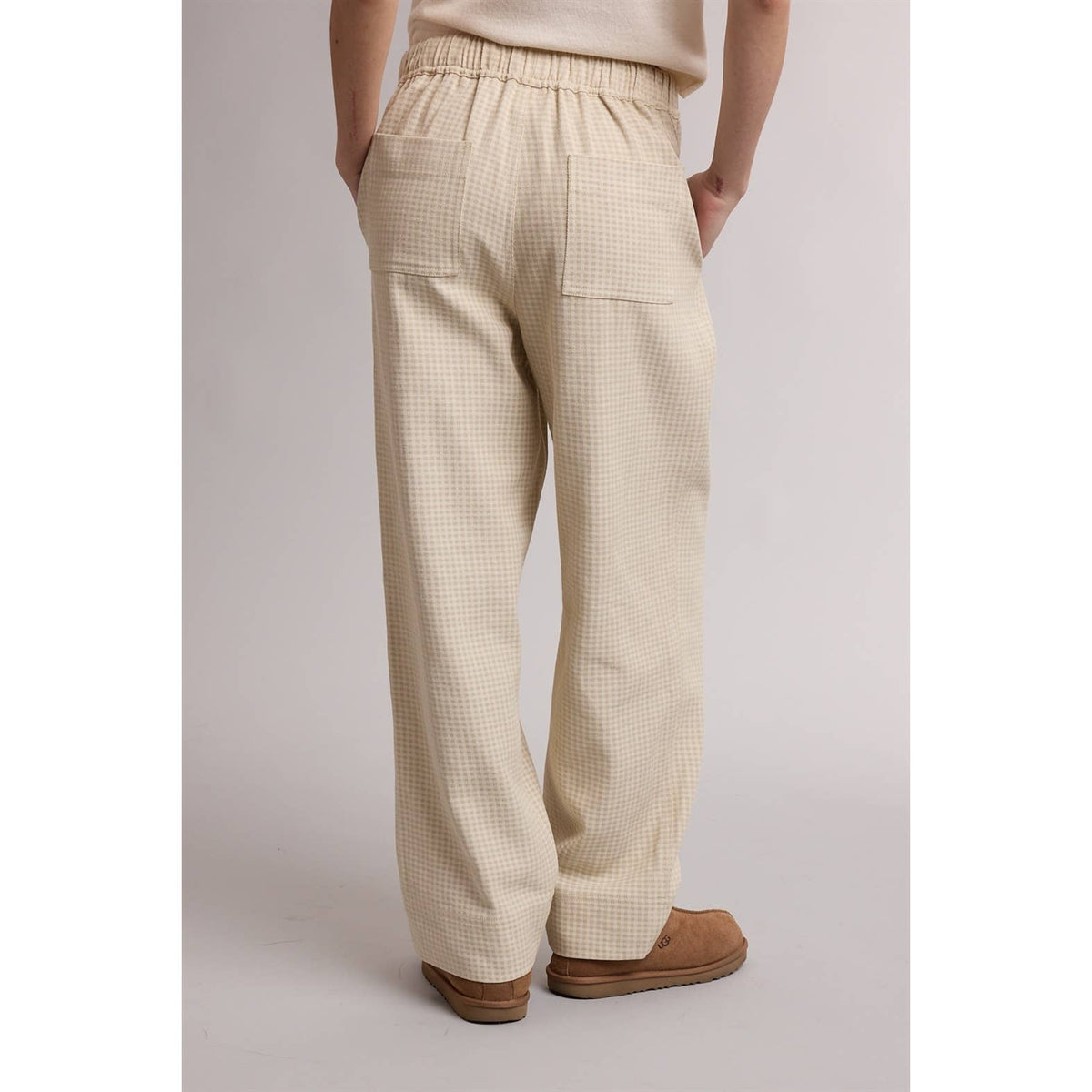 Neutral Plaid Drawstring Wide Leg Pants