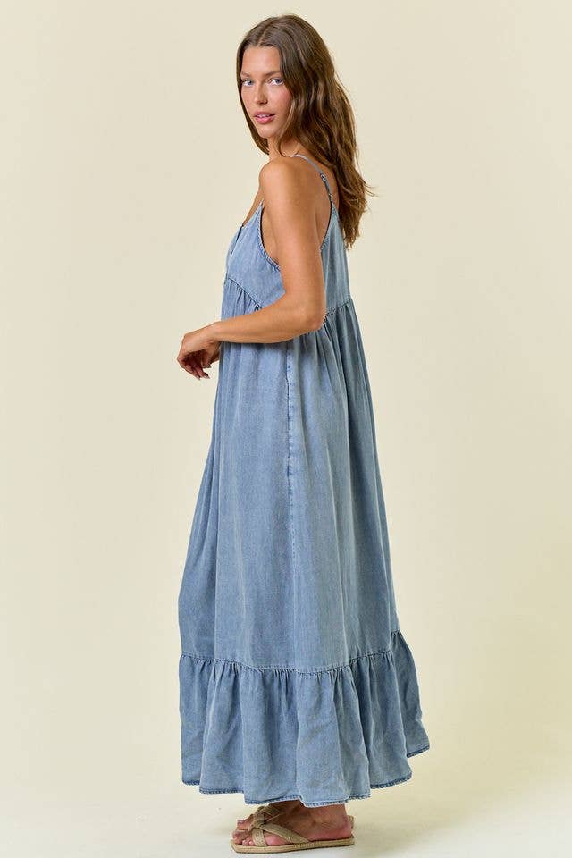 Light Wash Chambray Tiered Maxi Dress