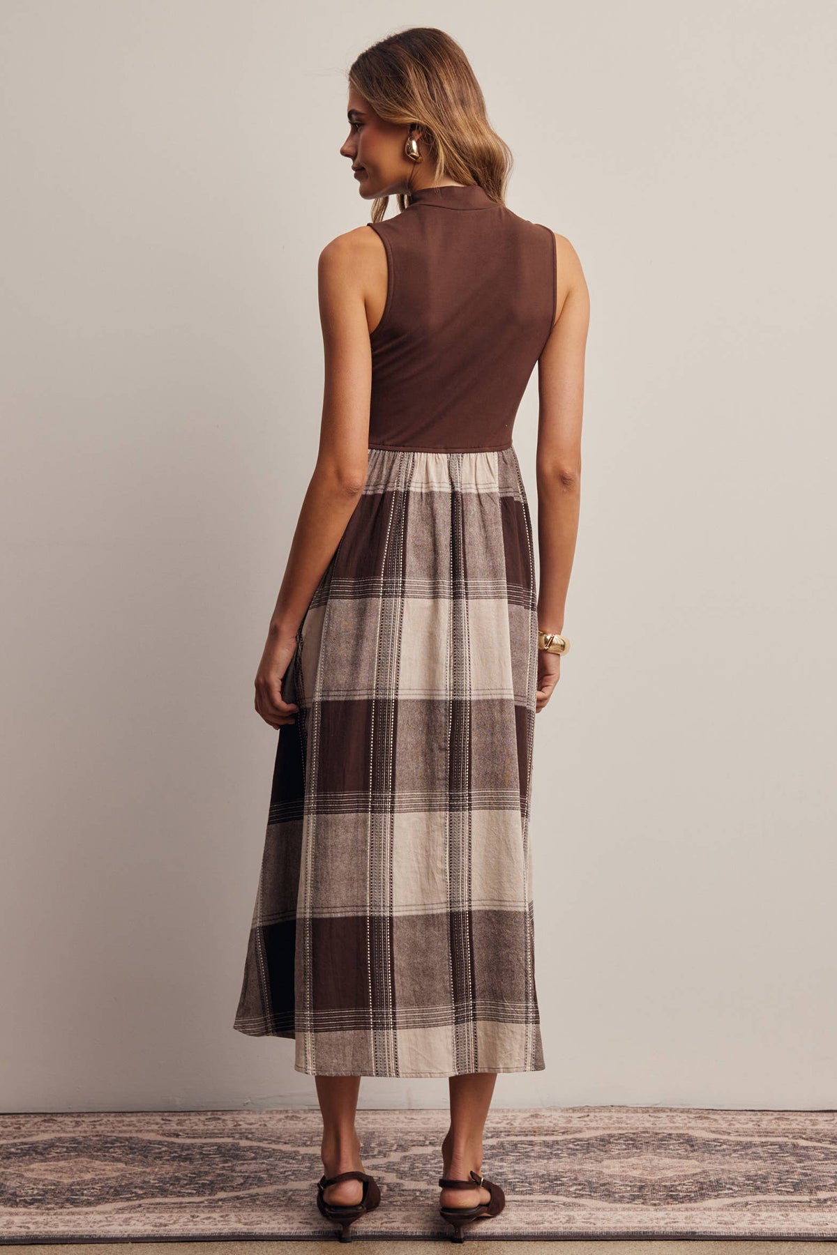 Chocolate Brown & Plaid Sleeveless Midi Dress