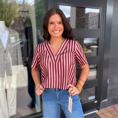 Burgundy & Pink Striped V-Neck Top
