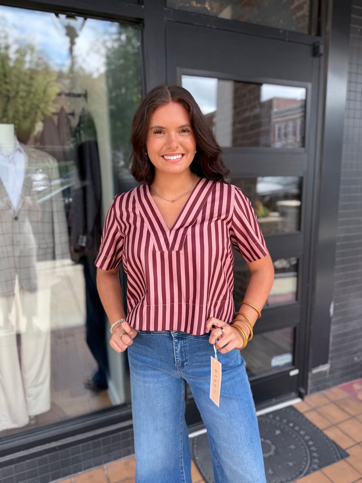 Burgundy & Pink Striped V-Neck Top