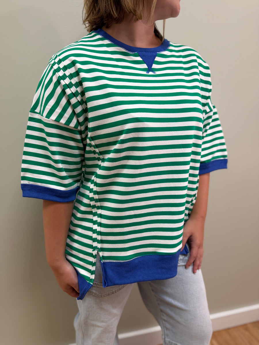 Kelly Green & Royal Blue Striped Relaxed Sweatshirt Top