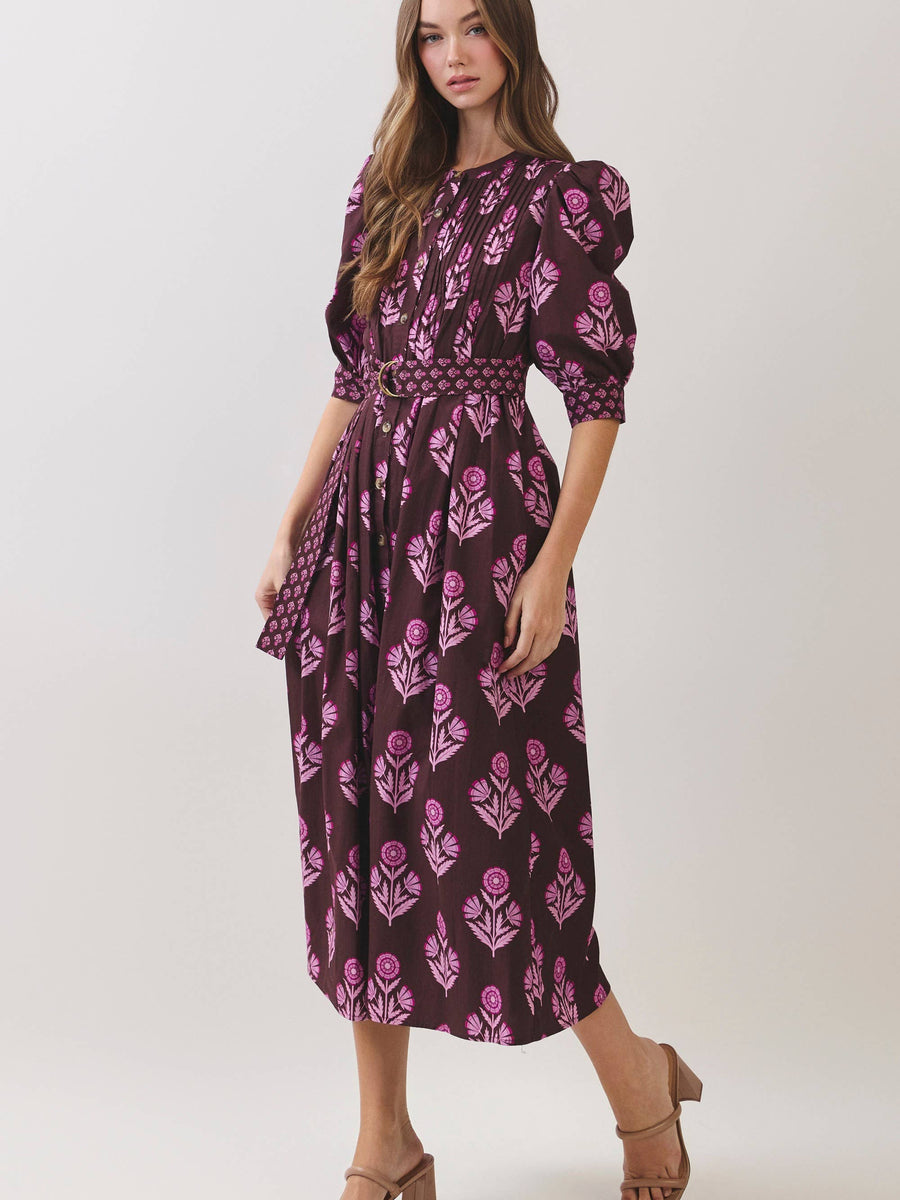Plum Floral Belted Midi Dress