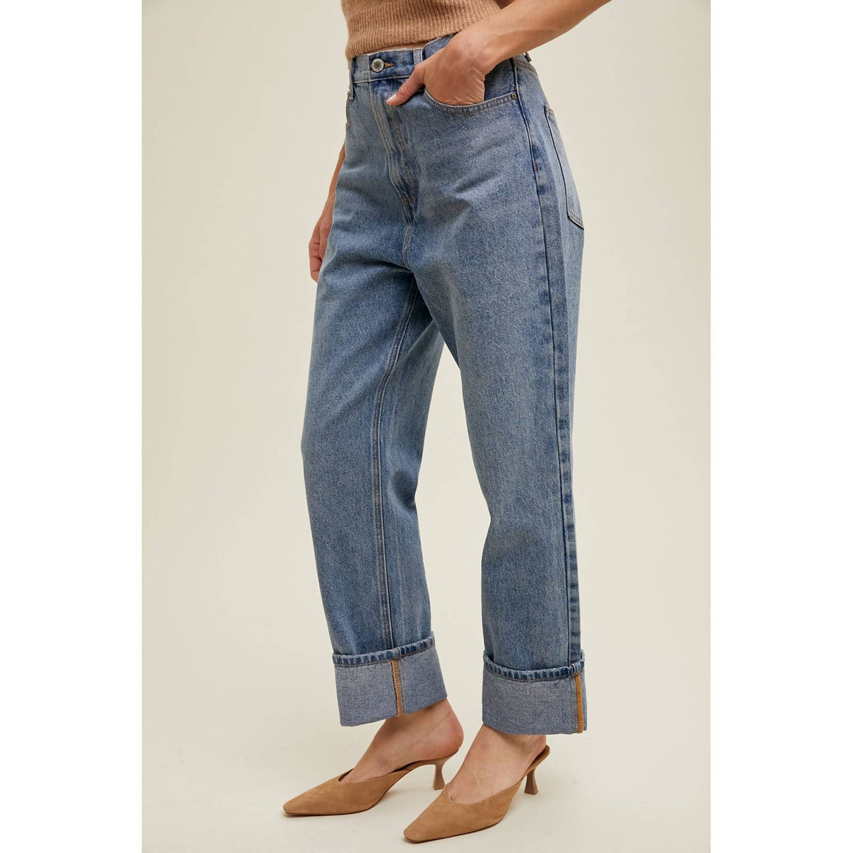 High-Rise Cuffed Wide Leg Jeans