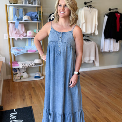 Light Wash Chambray Tiered Maxi Dress