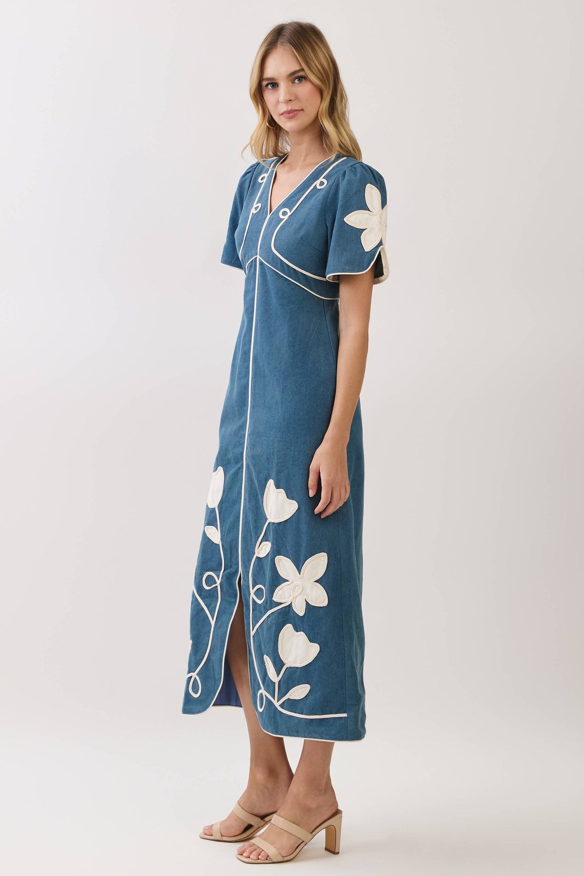 Blue Floral Appliqué Midi Dress