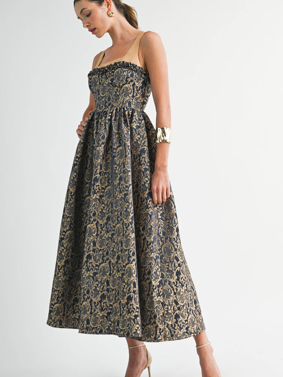 Gold Damask Midi Dress